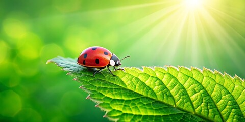 Fototapeta premium Ladybird resting on a vibrant green leaf, insect, beetle, nature, wildlife, small, red, black, wings, spotted, macro