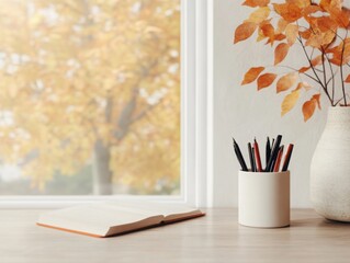 Cozy autumn study setup, warm lighting, books and pens on a desk, 3D illustration