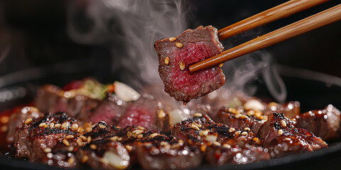 A close up of juicy beef jerky being held by chopsticks, generative AI