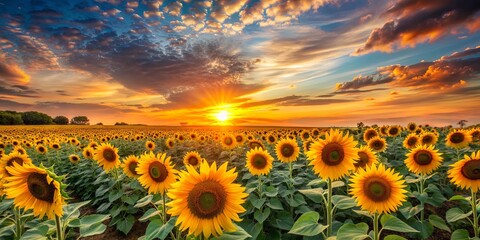 Fototapeta premium Sunset over a field of vibrant sunflowers , sunset, sunflowers, nature, landscape, evening, colorful, blooming, yellow, rural