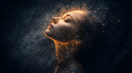 Woman's face illuminated by shimmering light.