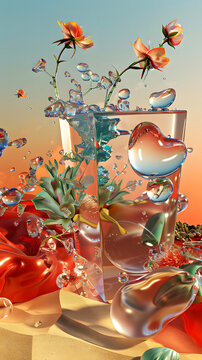 Fototapeta Dreamy Crystal Pastel Floral Medley with Bubbles and Sparkling Portrait Background. HD High Quality Colorful Vibrant Flower Wallpaper for iPhone Mobile. 8K Aquatic High-Definition Image of Flowers