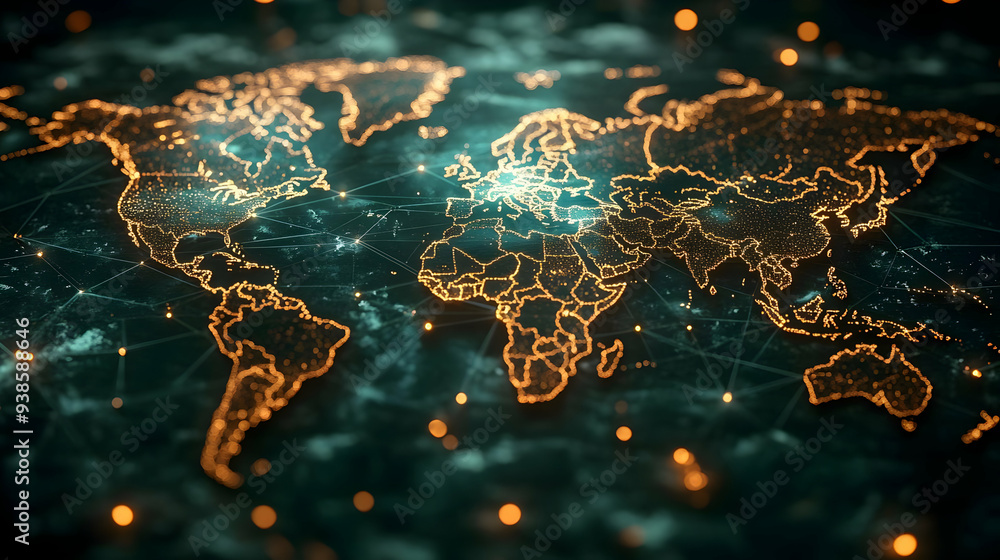 Poster world map with glowing dots and lines connecting continents, depicting global connectivity.