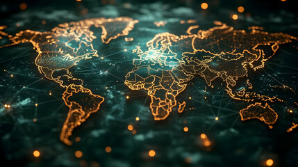 World map with glowing dots and lines connecting continents, depicting global connectivity.