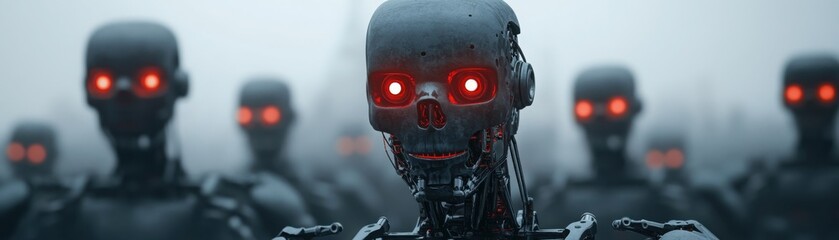 Fototapeta premium Zombie robots emerging from a misty scrapyard, spooky scene, 3D illustration