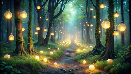 Obraz premium Enchanting night scene in a dense forest with glowing orbs lighting the path , Forest, Night, Dark, Mysterious, Glowing