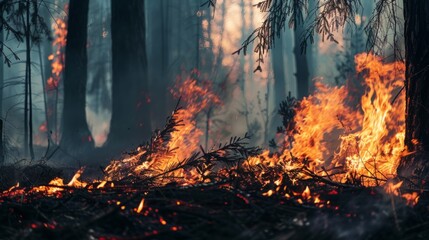 Blaze in the Wilderness: A Close-Up View of a Burning Coniferous Forest, Captured in Stunning 8K Professional Photography.