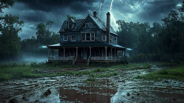 Eerie old farmhouse amidst heavy rain and lightning in a thunderstorm