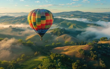 Naklejka premium Serene journey: beautiful hot air balloon gracefully floating over enchanting marvellous landscape, harmony between nature, flight, creating captivating visual experience of tranquility, wonder.