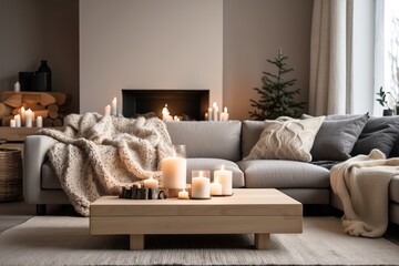 Beige chunky knit is thrown onto a gray sofa. Coffee table with candles facing the fireplace. Scandinavian farmhouse, modern living room hygge home interior design. Warm and inviting winter atmosphere