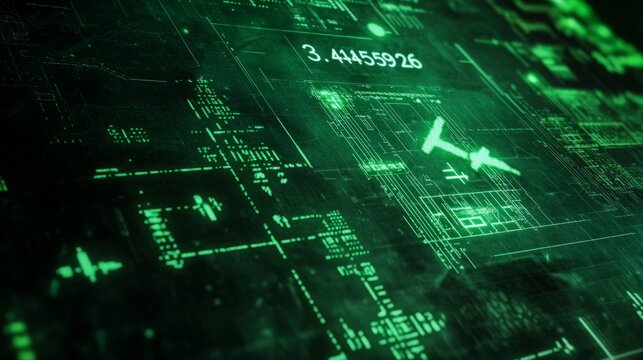 Illuminated Equations: A Stylish Dark Mathematical Background with Green Glowing Numbers and Symbols in Close-Up.