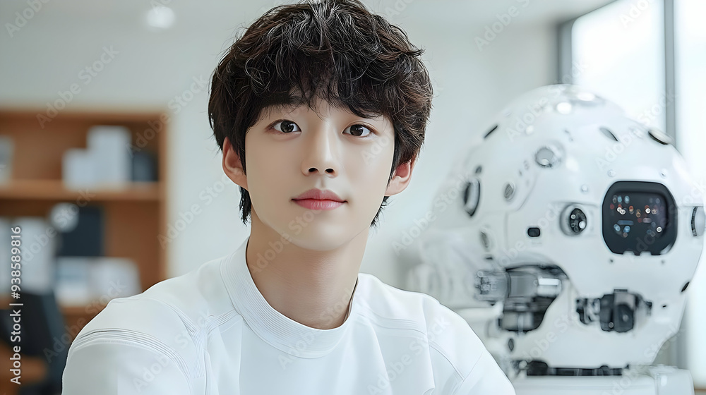 Poster young man looking at the camera with a robot in the background.