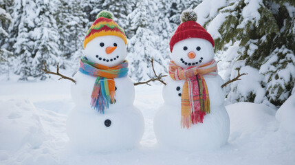 Obraz premium : Two snowmen with playful scarves and warm hats, standing side by side in a snowy landscape surrounded by snow-laden trees.