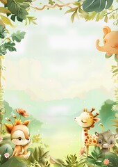 Cute cartoon animals in a jungle setting with green foliage. Template for quotes, and greetings cards