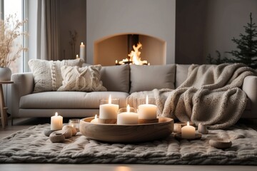 Beige chunky knit is thrown onto a gray sofa. Coffee table with candles facing the fireplace. Scandinavian farmhouse, modern living room hygge home interior design. Warm and inviting winter atmosphere