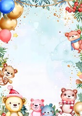 Fototapeta premium Cute Watercolor Bears with Balloons, Greenery, and Gold Confetti on a Light Blue Background. Template for greetings cards