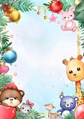 Obraz premium Cute animals with unique ornaments and foliage border on a light blue background. Template for quotes, and greetings cards