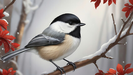 Fototapeta premium A snowy winter background with a perched black capped chickadee painting illustration