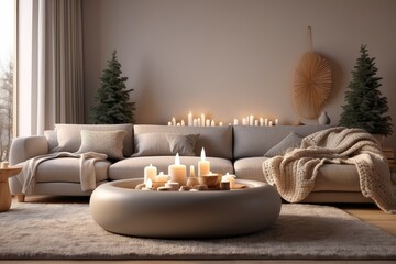 Beige chunky knit is thrown onto a gray sofa. Coffee table with candles facing the fireplace. Scandinavian farmhouse, modern living room hygge home interior design. Warm and inviting winter atmosphere