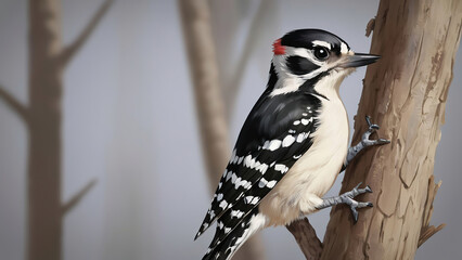 Fototapeta premium Downy woodpecker on the bark of a tree