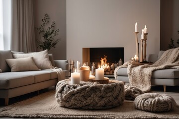Beige chunky knit is thrown onto a gray sofa. Coffee table with candles facing the fireplace. Scandinavian farmhouse, modern living room hygge home interior design. Warm and inviting winter atmosphere