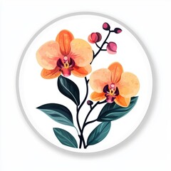 Fototapeta premium Sticker of an orchid in circle shape, flat vector illustration, on white background, digital sticker, clipart, icon