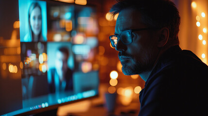 Evening virtual gathering illuminates thoughtful faces engaging in meaningful conversation online