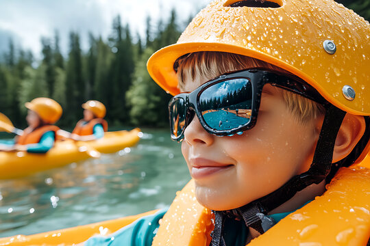 A young boy wearing bright yellow helmet and sunglasses enjoys kayaking, with joyful expression and water droplets on his face.