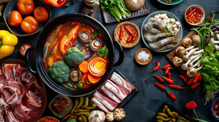 Fototapeta premium A savory and vibrant hot pot, showcasing a variety of fresh vegetables, meats, and seafood.
