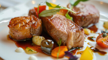 A savory pork tenderloin, perfectly cooked and presented with a medley of colorful vegetables.