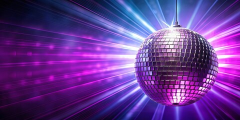 Obraz premium Disco ball with rays on purple background with copy space for dance party, mirror ball, reflections, night club