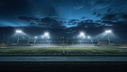 Stirring scene of an empty football stadium under the night sky, illuminated by floodlights