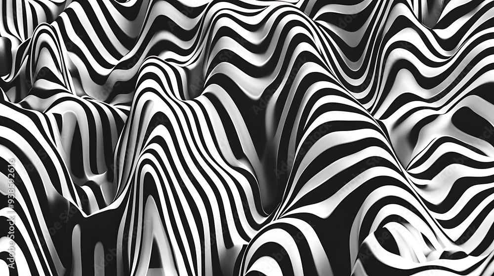 Poster A monochromatic abstract design featuring wavy patterns in black and white.