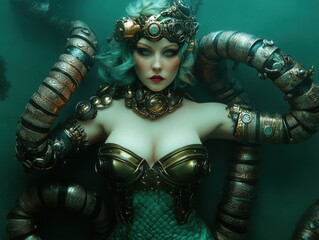 Steampunk mermaid with mechanical tentacles, haunting deep-sea laboratory filled with eerie Halloween gadgets, [Halloween mermaid], [steampunk horror]