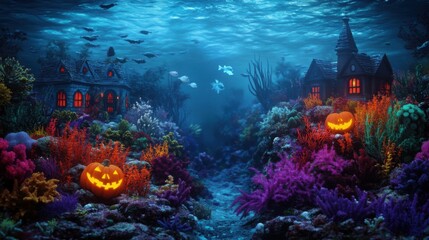 Coral reef transformed into a spooky Halloween village, mermaid interacting with ghostly sea creatures, [Halloween mermaid], [underwater village]