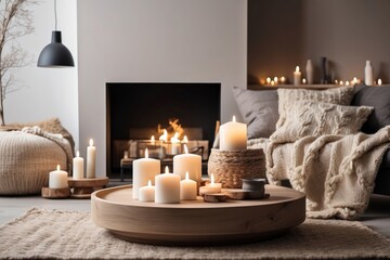 Beige chunky knit is thrown onto a gray sofa. Coffee table with candles facing the fireplace. Scandinavian farmhouse, modern living room hygge home interior design. Warm and inviting winter atmosphere