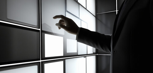  대형 디지털 패널을 터치하는 비즈니스맨, AI 생성
