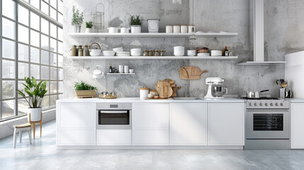 A spotless kitchen featuring organized shelves and immaculate countertops, exuding a sense of cleanliness.
