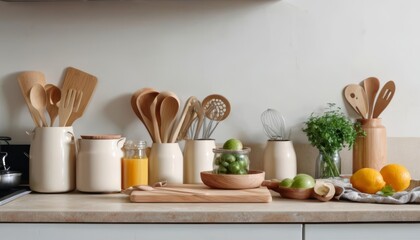  Organized kitchen utensils and fresh produce