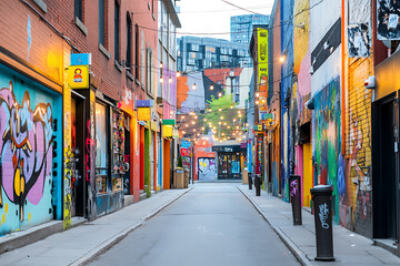 Fototapeta premium Vibrant street art decorates lively alleyway, illuminated by string lights, creating cheerful and artistic atmosphere.