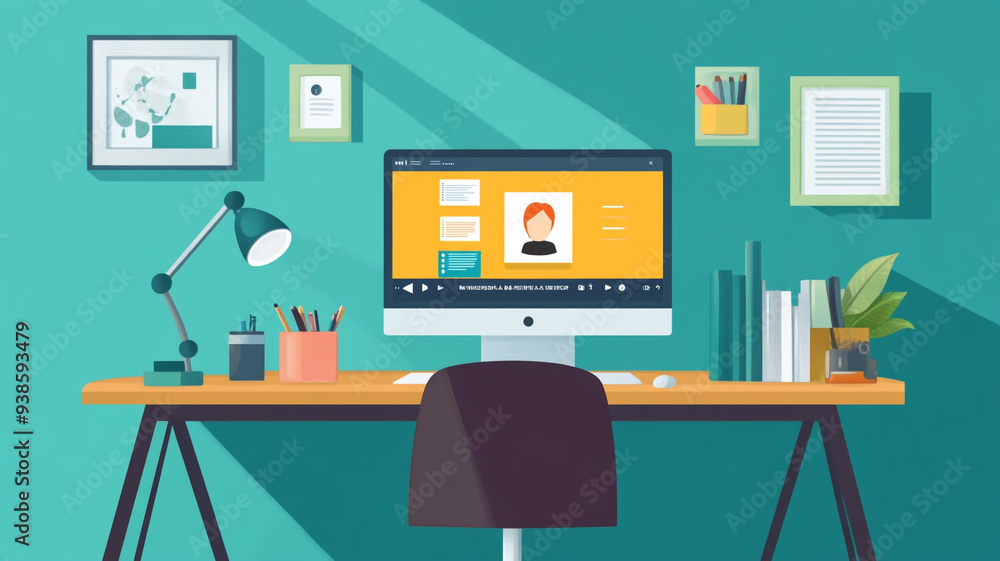 Poster a modern home office workspace featuring a vibrant desk setup with a computer and decorative element