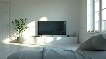 A spotless TV room featuring minimalist decor, clean lines, and soft, natural lighting.