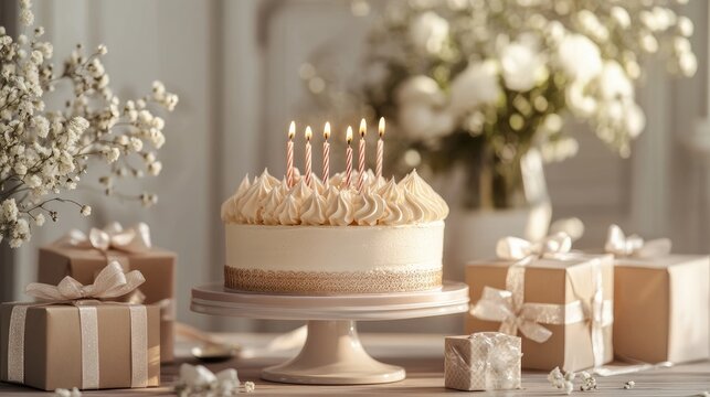 Elegant birthday scene, stylish cake with candles, luxury gift boxes, and a sophisticated greeting card