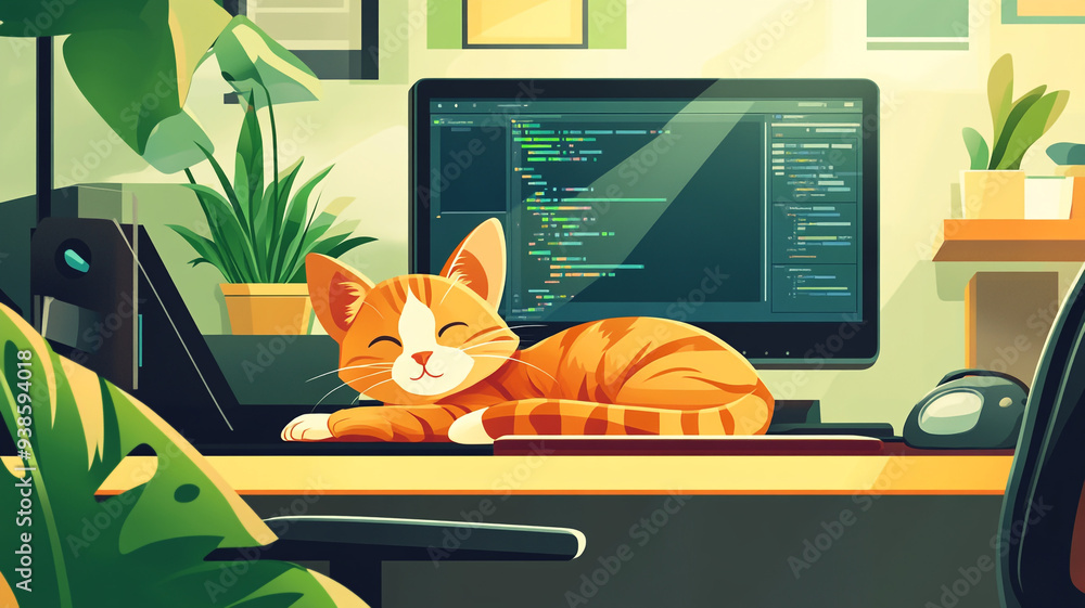 Aufkleber a relaxed ginger cat peacefully naps on a desk surrounded by greenery and coding screens in a cozy w