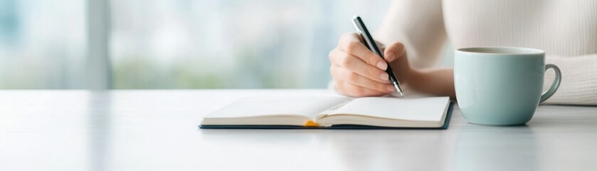 A tranquil scene of a person journaling in a sunlit room with a cup of herbal tea, symbolizing the importance of self-care in maintaining health and preventing illness