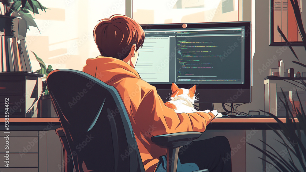 Aufkleber a young person in an orange hoodie sits at a bustling workspace, coding on a computer with a cat com
