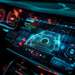 Obraz premium Futuristic 3D Hologram of a Car Radio Unit with GPS Display on Digital Screen