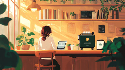 A cozy afternoon in a sunlit café, where a woman works on her laptop surrounded by greenery and books