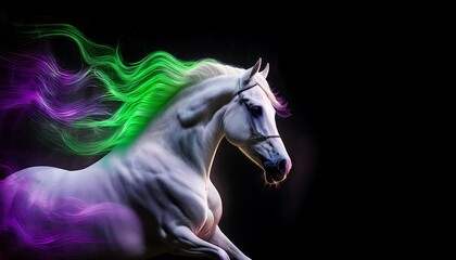 Fototapeta premium Beautiful neon white horse running in the dark background