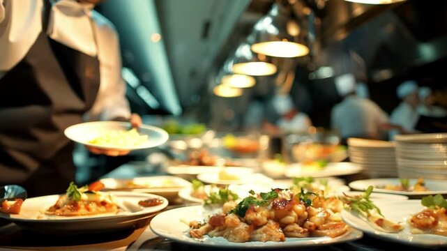 A chef is preparing food in a restaurant kitchen. The kitchen is filled with plates of food, and the chef is wearing an apron. The atmosphere is busy and bustling